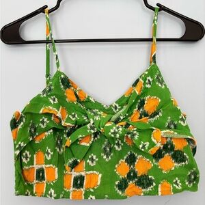 Aerie Women’s Green Orange Strappy Tie Front Crop Top Smocked Back Size Medium